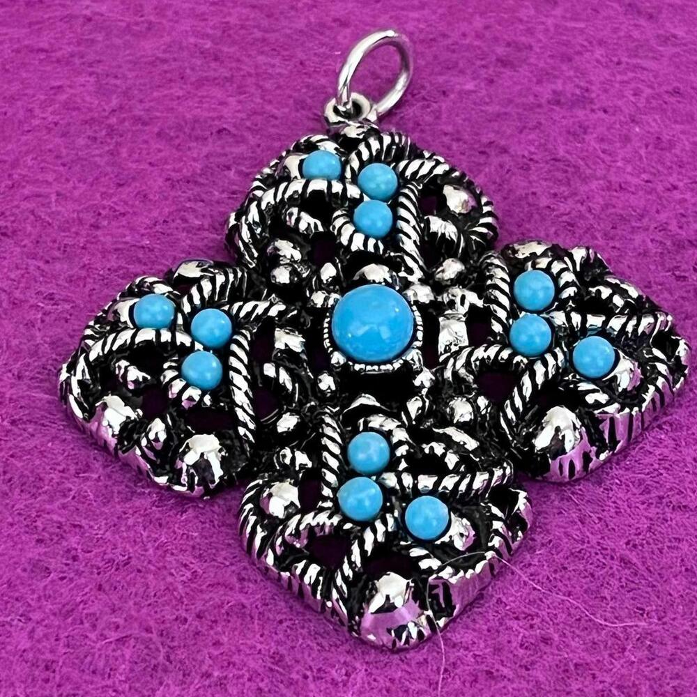 Vintage Signed AVON Necklace Faux Turquoise Maltese Cross  Pendant